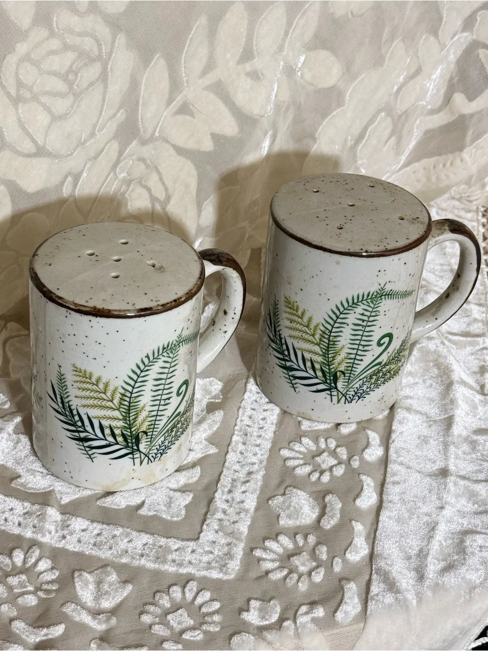 Vintage Otagiri Salt and Pepper Set: Speckled Glaze Stoneware with Ferns